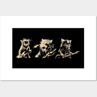 Three Cat Playing Guitar Vintage 90s Style Rock Posters and Art